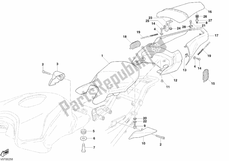Alle onderdelen voor de Stoel Biposto van de Ducati Superbike 999 USA 2005
